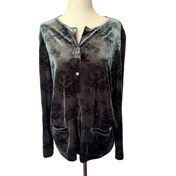 Vintage Ivy + Sage Green Floral Velour Button Front Top w/ pockets Cottagecore - Picture 1 of 7